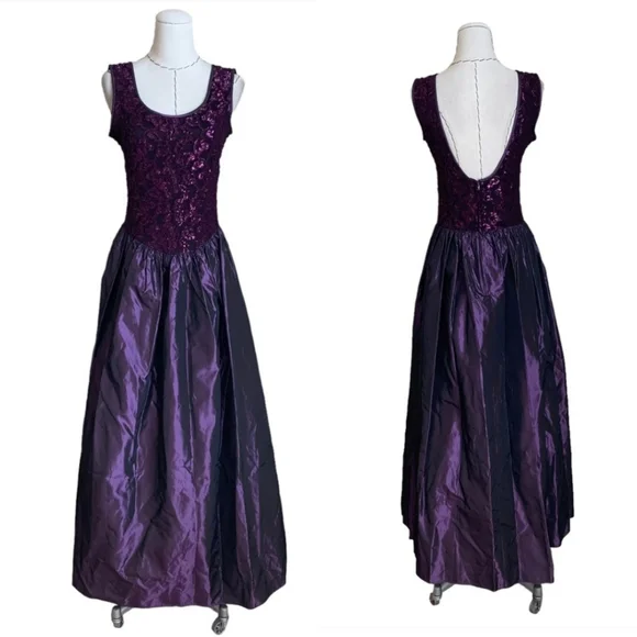 Vintage 90s Jessica McClintock Purple Lace Taffeta Gown Dress Prom Formal S M - Picture 1 of 14
